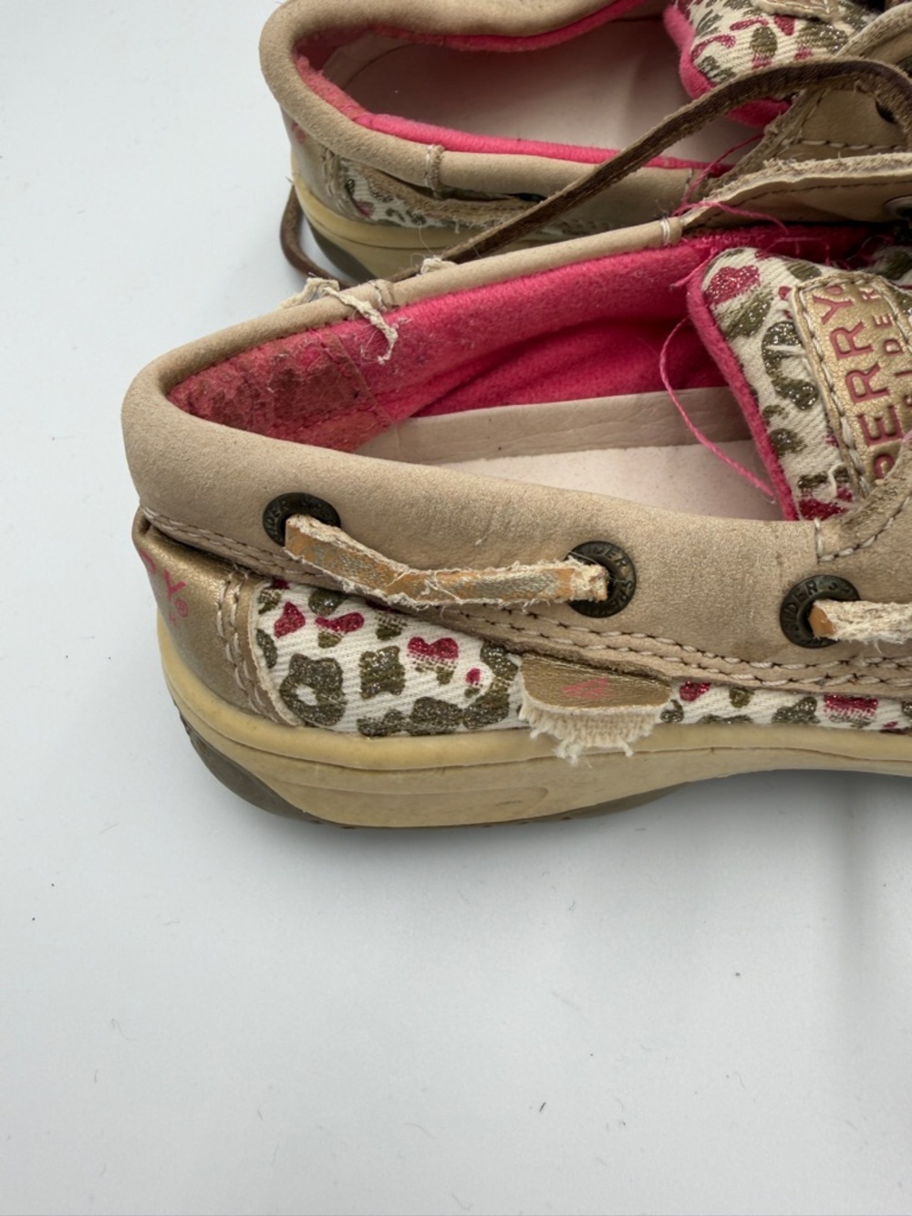 Sperry Toddler Girls 10.5 Tan Leopard Cheetah Moccasin Boat Shoes Pink Lining - Picture 3 of 8